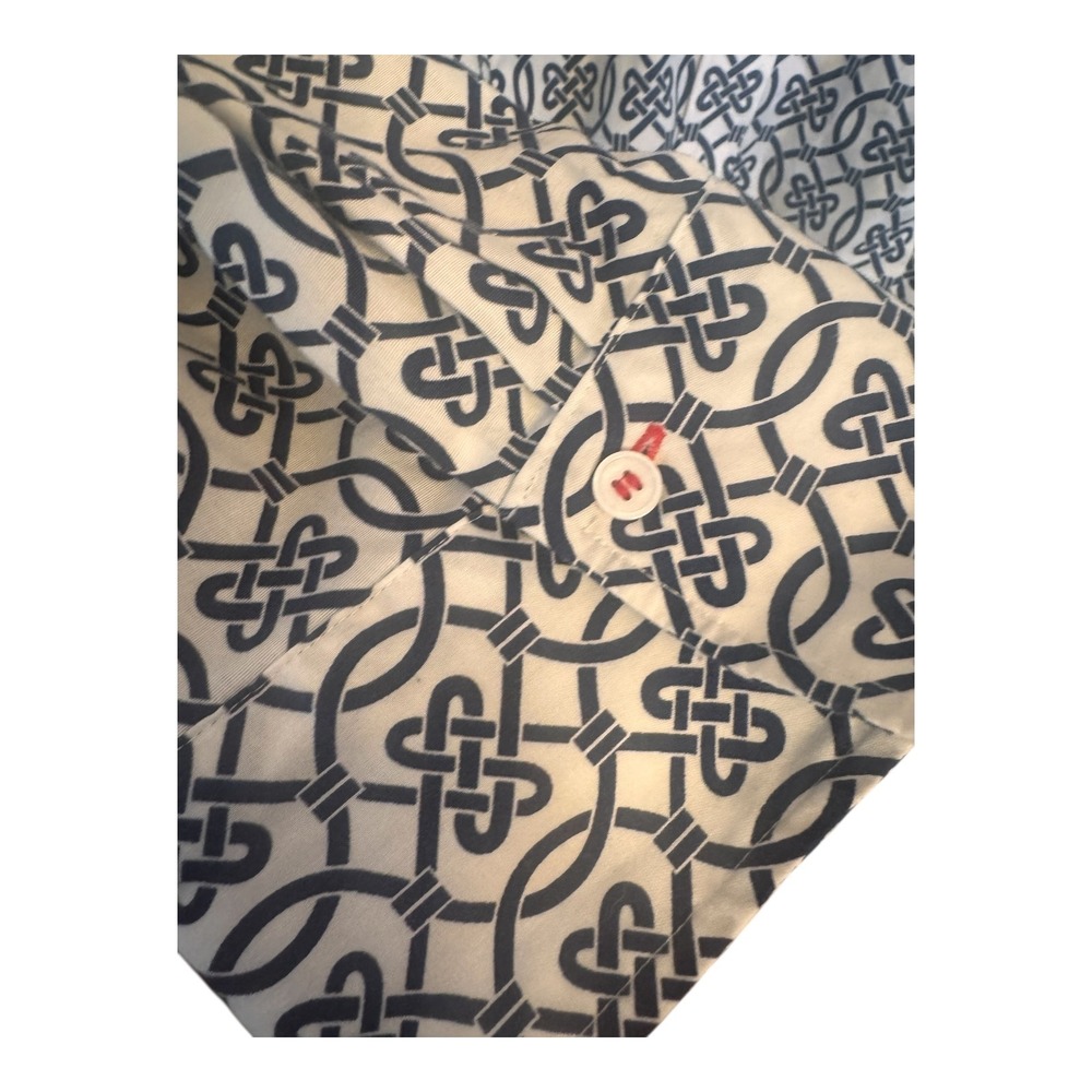 Talbots Woman Navy White Geometric Link Button Down Shirt 14WP Wrinkle Res - Picture 3 of 8